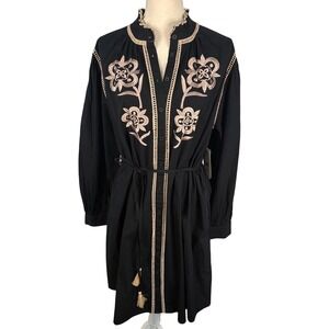 Julia Jordan Black Embroidered Cotton Shirt Dress NWT L Ivory Floral